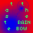Green pixelated text spelling 'the RAIN BOW' on a red and blue gradient background with four identical arranged in a