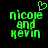 Green pixelated text 'nicole and kevin' on black background with a heart symbol above the first name in one view.