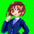 Pixelated anime-style character with brown hair and red eyes in a blue suit, standing against a bright green background with text on the right.