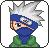 Pixelated character with white hair, blue mask covering lower face, green clothing, and brown skin tone.