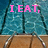 Pixelated image of a swimming pool with metal railings and wooden deck, overlaid with pink text reading "I EAT, BREATH, SLEEP, LIVE, & SWIM".