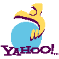 Yellow cartoon figure with purple outline holding blue sphere, standing above 'YAHOO!™' text on gray background.