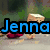 Pixelated character with blocky brown head and limbs stands in various outdoor scenes beneath blue text reading "Jenna".