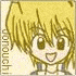 Pixelated anime-style character with blonde hair and brown eyes, smiling broadly in a static image.