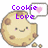 Pixelated cookie with smiling face, brown chocolate chips, and purple text reading 'Cookie Love' above it.