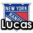 Static pixel art icon featuring a blue and red shield with 'NEW YORK' text above, overlaid by large black-and-white 'LUCOS' lettering.