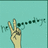 Pixelated hand making peace sign with dark green text 'goodbye' on light teal background.