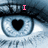 A close-up of a blue-eyed person's face with a heart-shaped pupil, displaying text changes across three