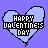 Pixelated heart-shaped icon with 'HAPPY VALENTINE'S DAY' text in multicolor lettering on a purple background.