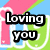 Pixelated text fragments spell out 'Loving you is the only thing that ever really touched my soul' over a repeating pattern of pink, green, and blue shapes with white outlines.