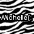 Black-and-white pixelated image with diagonal striped background and white text reading "Michelle)" on a black bar.