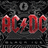 Red AC/DC text with lightning bolt symbols on a dark textured background, displayed in two repeated horizontal segments.