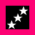 Three white five-pointed stars arranged diagonally on a black square background, framed by bright pink border.