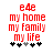 Red pixelated text 'e4e my home my family my life' above five asterisks with one gray, on white background.