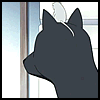 Animated sequence of a dark gray dog's head turning left to right with a small white animal on its head, set against a window background.