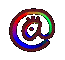 Animated @ symbol icon with shifting color gradients and partial circular cutouts