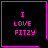 Four identical black square with pink borders display "I LOVE FITZY" text; top-right has a pink heart, bottom-right has a pink starburst