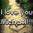 A pixelated image of a stone path with greenery, overlaid with text expressing affection for Michael and stating a date as the best day of life.