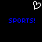 A static pixel art image with a white heart outline at the top center, two identical blue 'SPORTS!' texts below on black background.