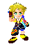 Pixelated character with blonde hair and green eyes in yellow, blue, red, black, and brown outfit holding various weapons