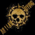 Pixelated skull with crossbones on a black background, rendered in brown and tan tones.