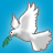 Static pixelated icon of a white dove in flight against solid blue background, holding green olive branch in beak.