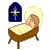 Pixelated static image of a baby in a manger with a cross symbol, rendered as an AOL Instant Messenger buddy icon.