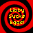 Four identical red and black spiral patterns with yellow text reading "Libby Sucks Eggs!" arranged in a