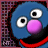 Blue cartoon character with large white eyes, pink nose, and red mouth, set against a dark background with vertical text