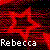 A static pixel art icon featuring a red, flame-like shape against a dark background with scattered colored pixels and the text "Rebecca" in white at the bottom.