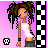 Pixel art of a character with brown dreadlocks, blue eyes, and a white tank top against pink background with checkered border changes.