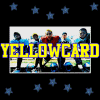 Yellow text 'YELLOWCARD' repeats across the top of a of identical images showing a group of people standing together against a black background with colored stars