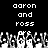 Black background with white pixelated text 'aaron and ross' repeated twice above a of grayscale pixel art figures