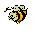 Pixelated bee icon with orange and black stripes, light green wings, yellow antennae tips, smiling face on gray background.