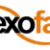 Black and orange text 'exofe' with a curved orange line on a pixelated gray and white background.
