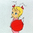 Pixelated cartoon character with blonde hair, blue eyes, red bows on head, wearing a red dress and pink sleeves against light gray background.