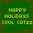 Green background with yellow text reading HAPPY HOLIDAYS COOL CATZ, red star-like shapes scattered across, brown decorative border elements.