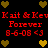 Pixelated red text reads "Kait & Kev Forever 8-6-08 <3" repeated twice on black background with brown and yellow heart icons.