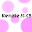 Pixelated pink polka dots on white background with repeated text "Kenzie.!(:(<3" in black pixel font.