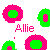 Pixelated icon set with four distinct shapes: two pink-and-green circular forms, one green-and-pink rounded shape, and a small pink dot, all surrounding the text 'Allie' in pixelated font.
