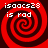 Red and dark red spiral pattern with white text 'isaacs28' above 'is rad' in four identical quadrants.