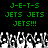 Green pixelated text reading J-E-T-S, JETS JETS, and JETS!!! above a of white-and-gray pixelated hands with raised fingers on black background