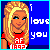 Pixel art buddy icon featuring a blonde woman in red top with 'AF' text, blue background with 'i love you', and green 'Original Icons .com' logo on dark green background.