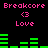 Pixelated pink text and green audio bars on black background, with repeated 'Breakcore' and 'Love' text elements.