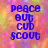 Pixelated text reads 'peace but cub scout' in blue block letters over a multicolored pixelated background with pink, orange, yellow, and purple hues.