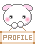 Pixelated character with pink ears and cheeks holds a sign reading 'PROFILE' against gray background.