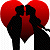 Pixelated static icon showing two black silhouettes kissing in front of a large red heart with gradient shading, set against transparent background.