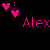 Pixelated pink text "Alex" appears with floating hearts on a black background, transitioning between two animated states.