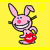 Pixelated pink bunny mascot with blue eyes and red nose holding a red heart, displayed across three animated frames in a 2x2 contact sheet layout on yellow background.