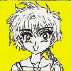Anime-style character with spiky white hair and a braid, large eyes, yellow background, blue patterned sections on right and bottom.